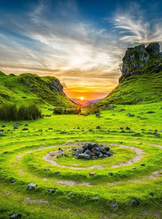 green grass field during sunset